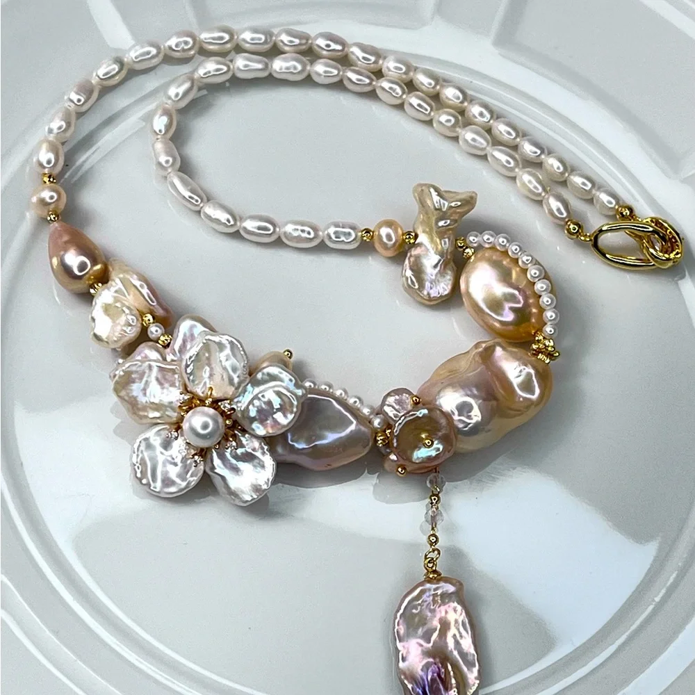 Handmade Premium Champagne Freshwater Keshi Pearl Flower 🌺 Braided Necklace - Picture 6 of 6